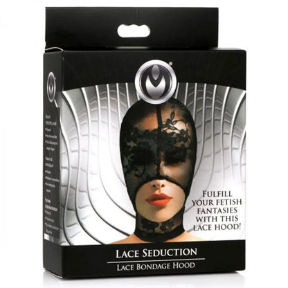 Lace Seduction lace bondage hood packaging with a woman's face on a white background