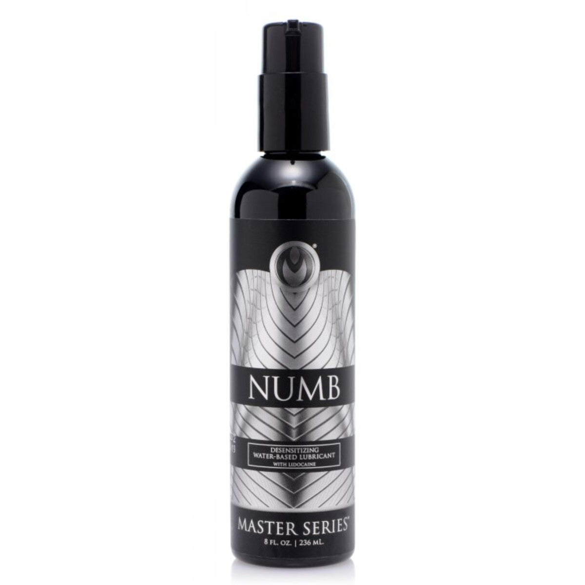 Bottle of Numb Master Series lubricant on a white background