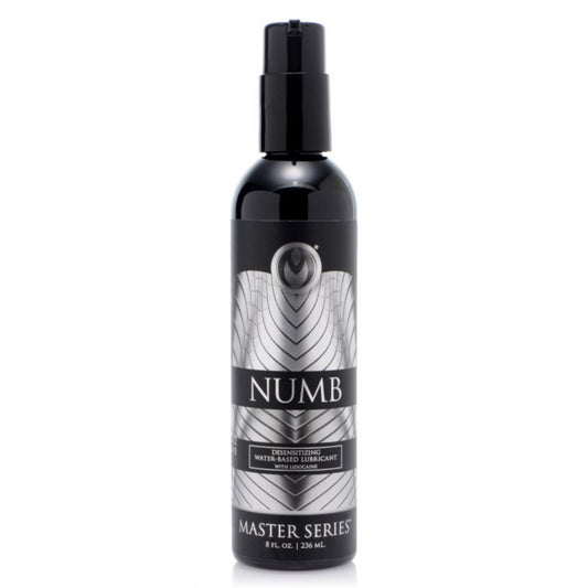 Bottle of Numb Master Series lubricant on a white background