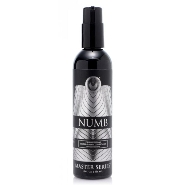 Bottle of Numb Master Series lubricant on a white background