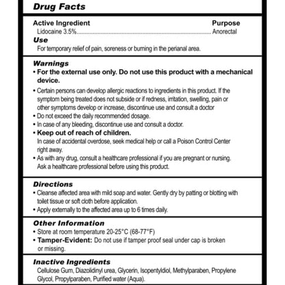 Drug facts label for a topical medication with active ingredient Lidocaine 3.5%.