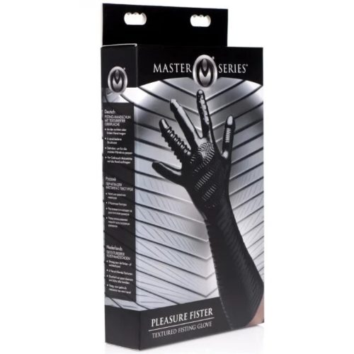 Packaging of a Master Series Pleasure Fister textured fisting glove on a white background