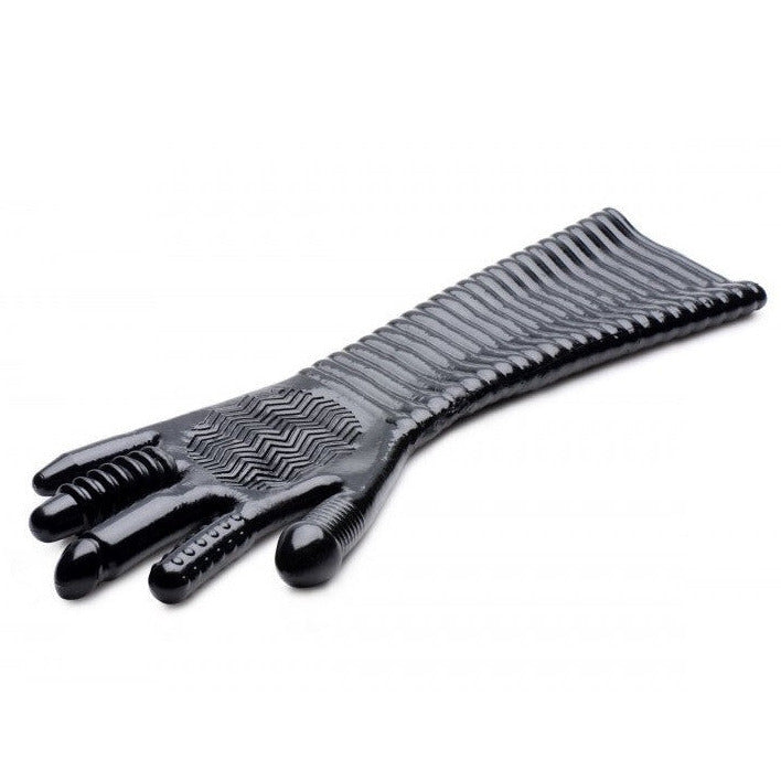 Black rubber fisting glove with textured surface on a white background