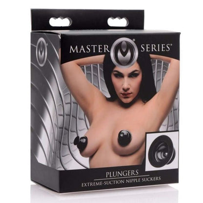 Box of Master Series Plungers extreme-suction nipple suckers with a model on the packaging.