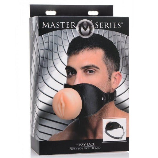 Product packaging for a 'Master Series' product with a mannequin head wearing a leather gag.