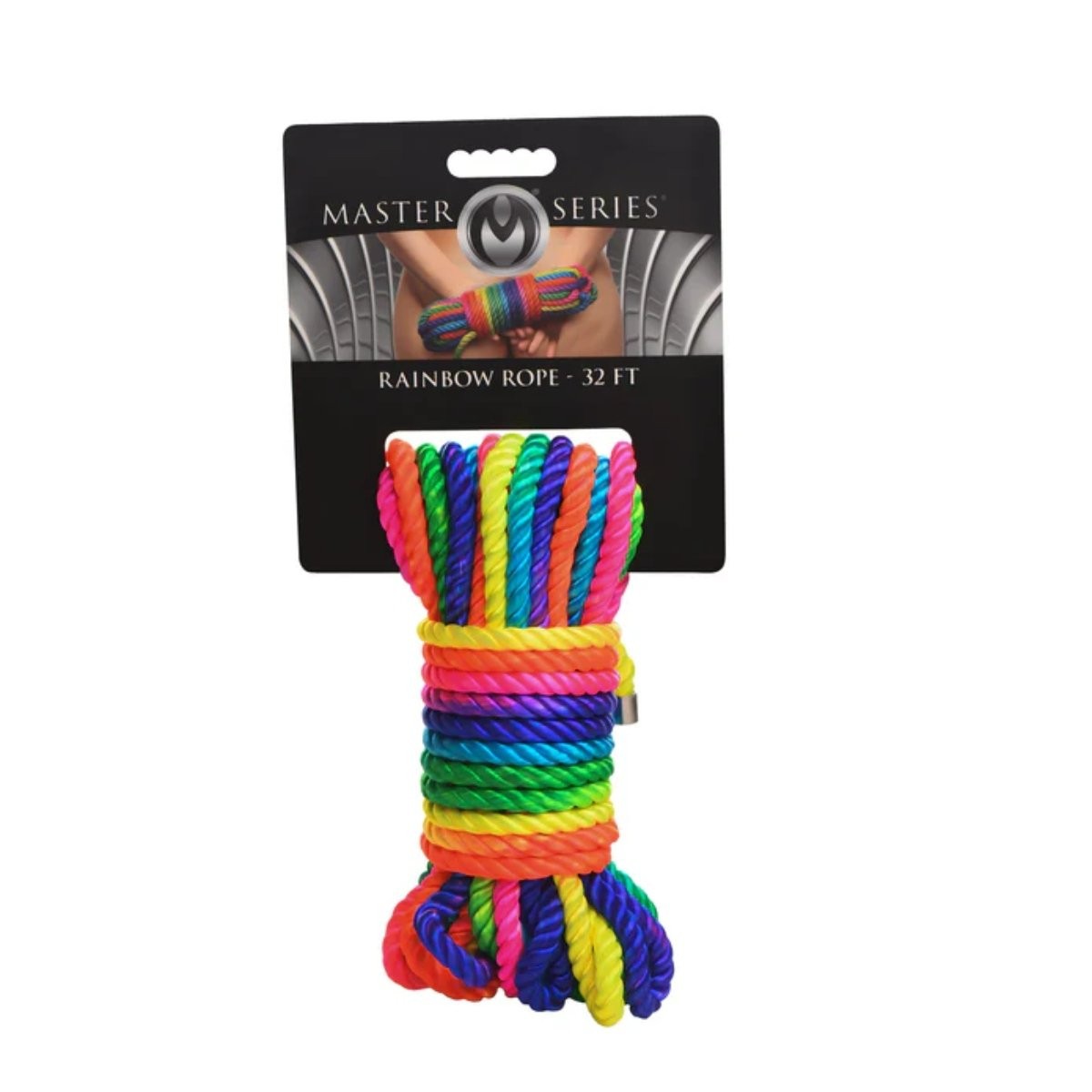 Colorful rope with packaging labeled 'Master Series Rainbow Rope' on a white background