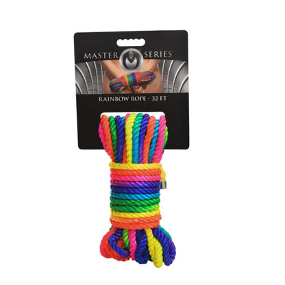 Colorful rope with packaging labeled 'Master Series Rainbow Rope' on a white background