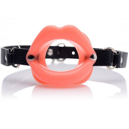 Black bondage collar with a unique pink lips gag design on a white background