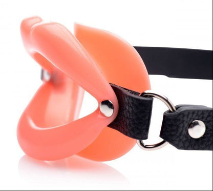Pink mouth gag with a black strap on a white background
