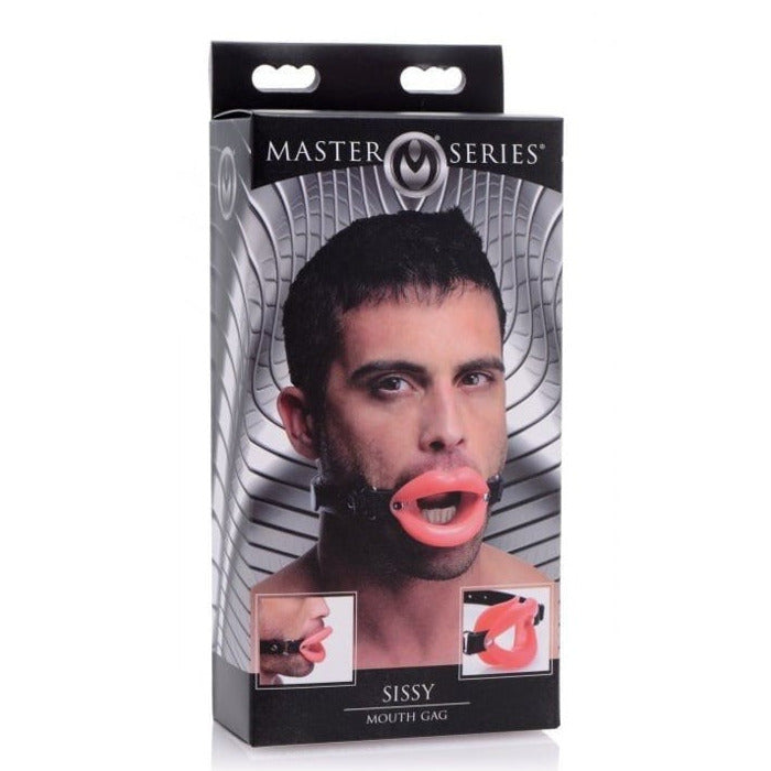 Product packaging of a 'Master Series' Sissy Mouth Gag with a man wearing it on a white background.