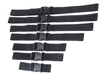 Set of seven black belts with buckles on a white background