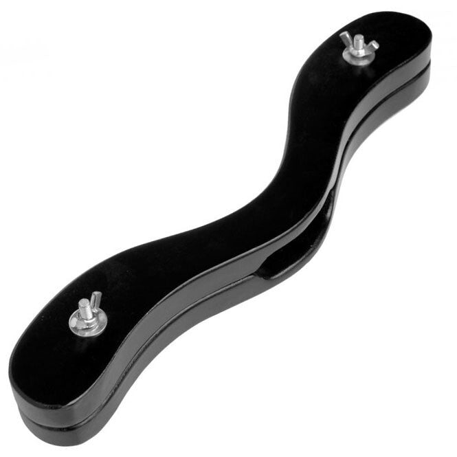 Black metal testicle control arm with two silver bolts on a white background