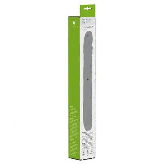 Green and white packaging of a double dildo device on a white background