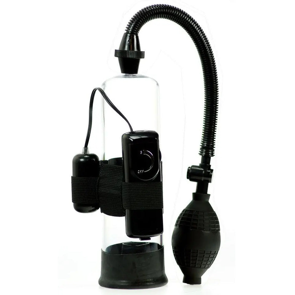 Black and clear penis enlarger pump with hose on a white background