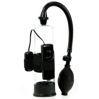 Black and clear penis enlarger pump with hose on a white background