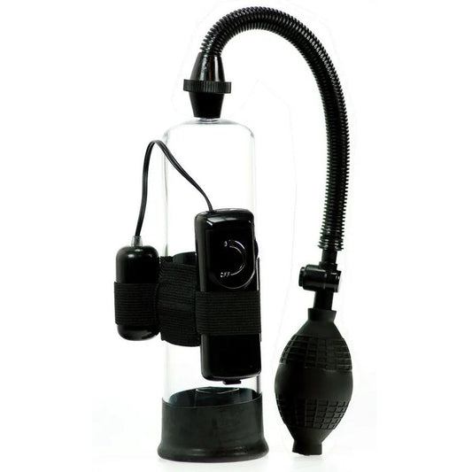 Black and clear penis enlarger pump with hose on a white background