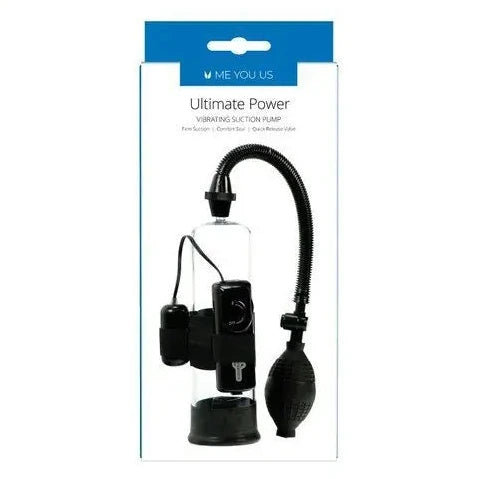 Black vibrating suction penis pump in packaging with 'ME YOU US' branding on a white background
