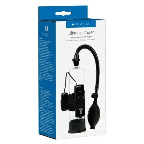 Packaging of a 'Ultimate Power' penis pump product with blue and white design.