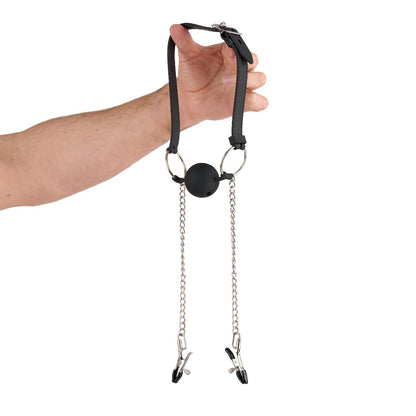 Hand Holding Me You US Silicone Ball Gag with Clamps White Background 