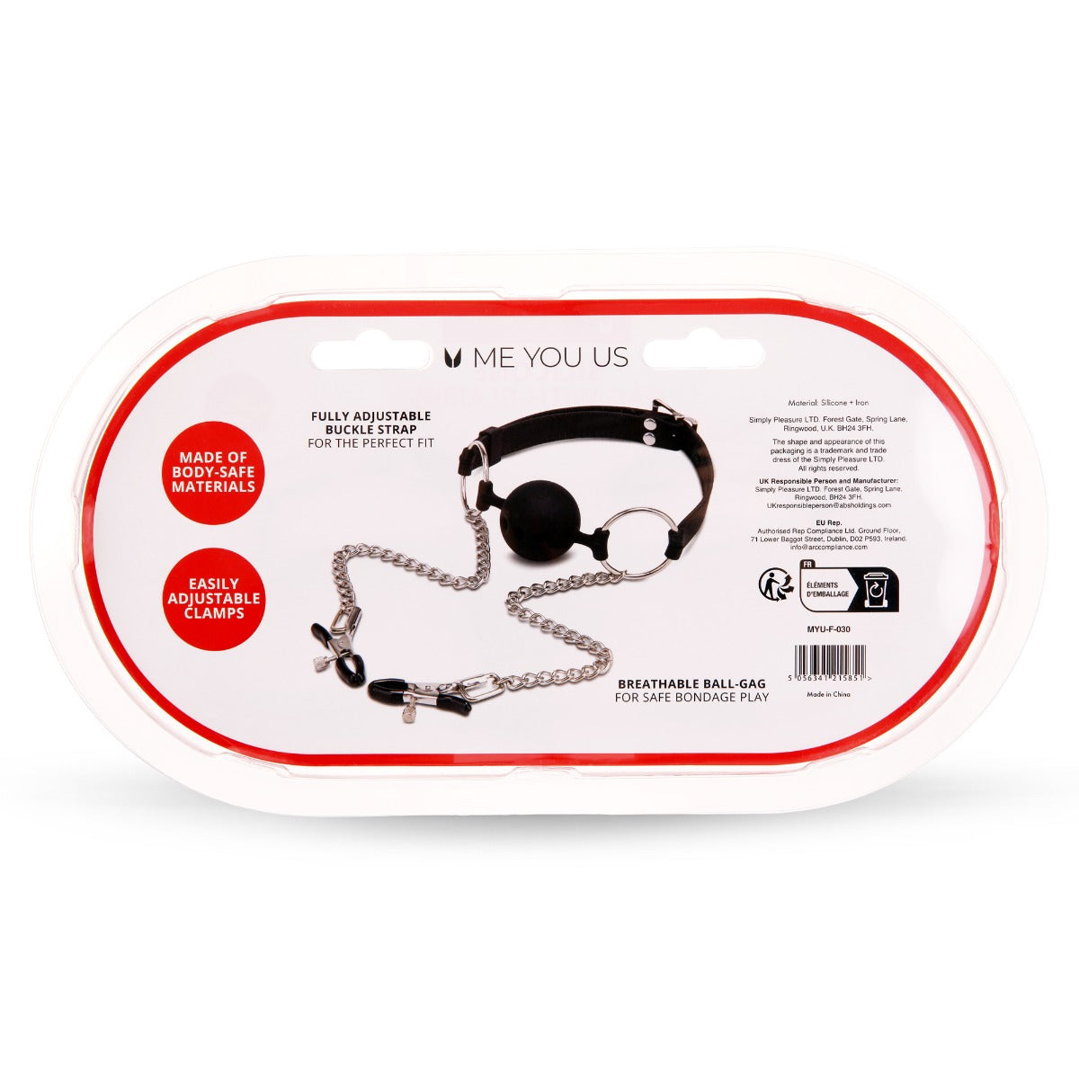 Me You US Silicone Ball Gag with Clamps White Background Packaging Back