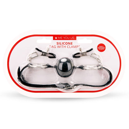 Me You US Silicone Ball Gag with Clamps White Background Packaging Front