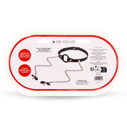 Me You US Open O Ring Gag w/ Nipple Clamps Fully Adjustable BDSM Bondage Fetish Packaging Back