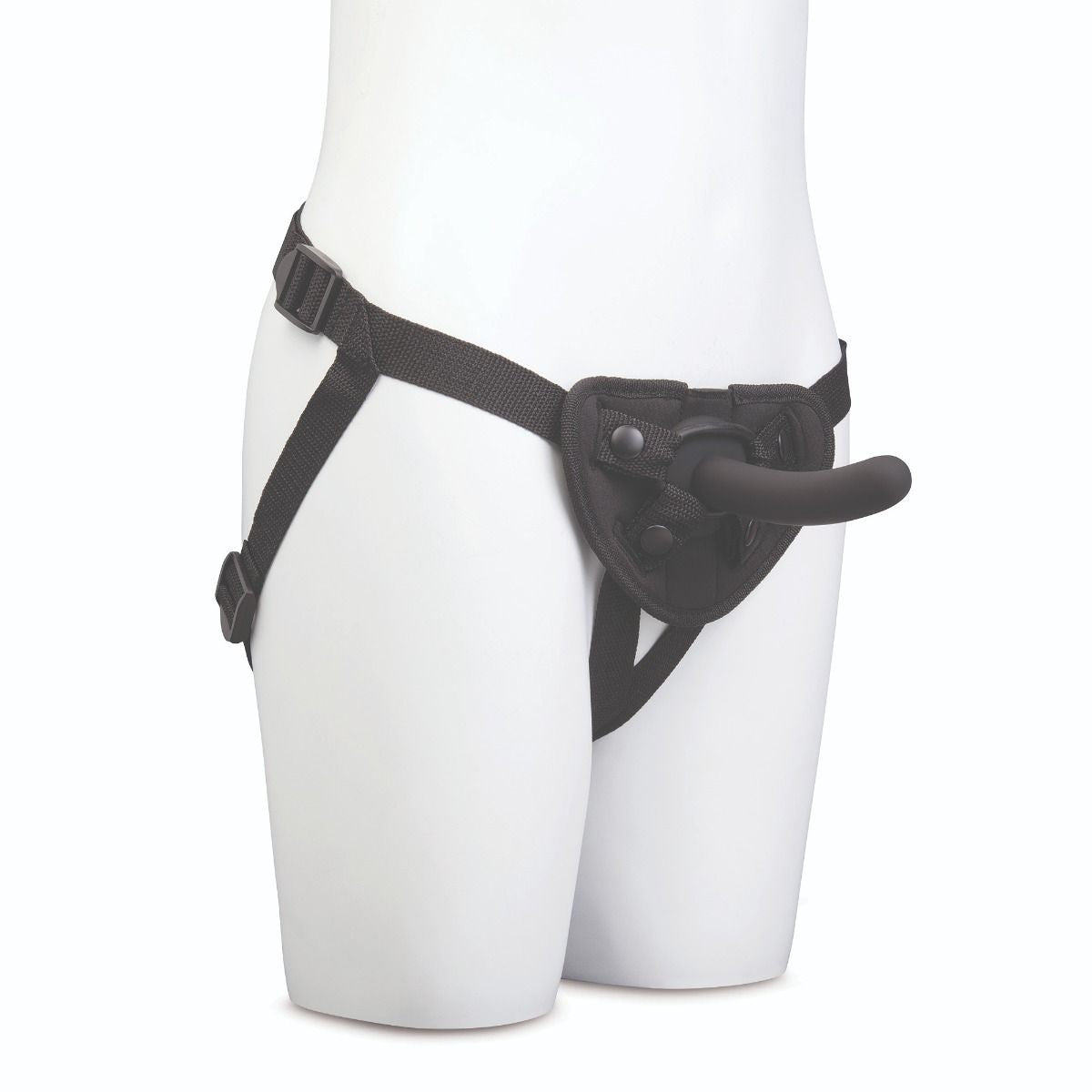 Black strap-on harness on a white mannequin figure