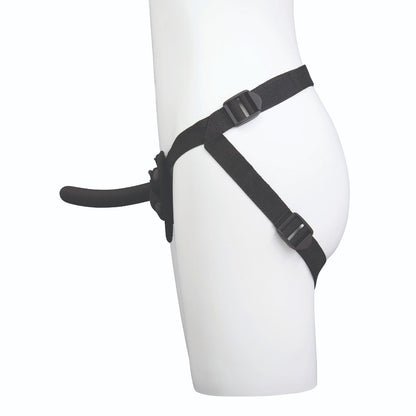 Black strp-on harness on a white mannequin figure