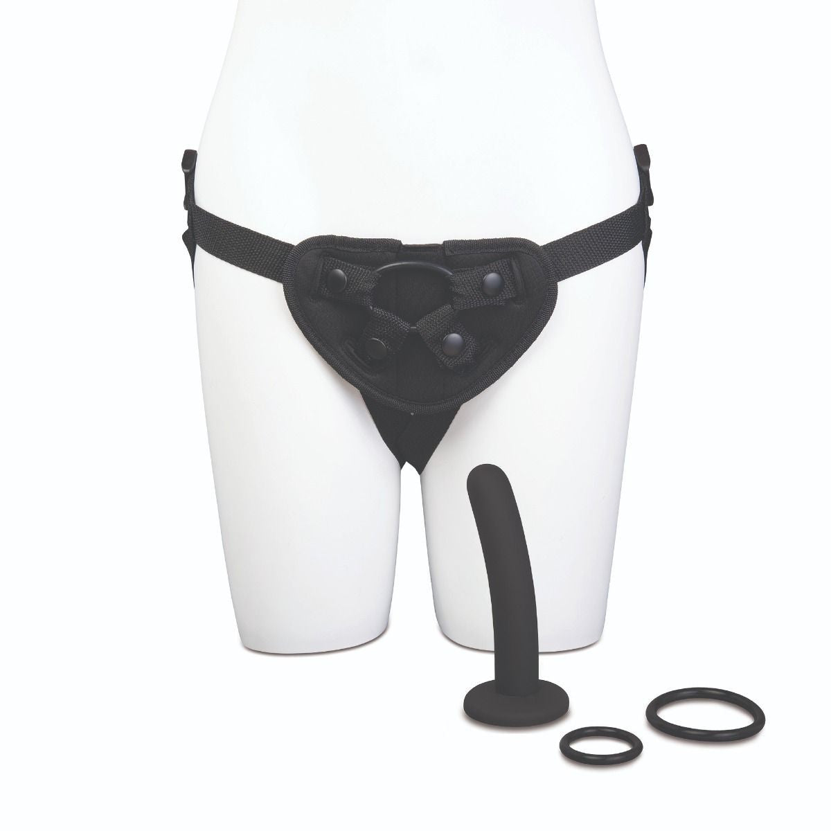 Black garter belt with strap-on attached items on a white background