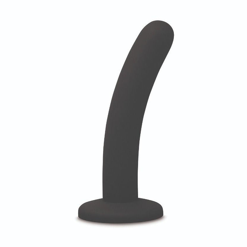 Black silicone slim dildo on a white background