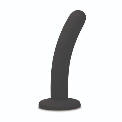 Black silicone slim dildo on a white background