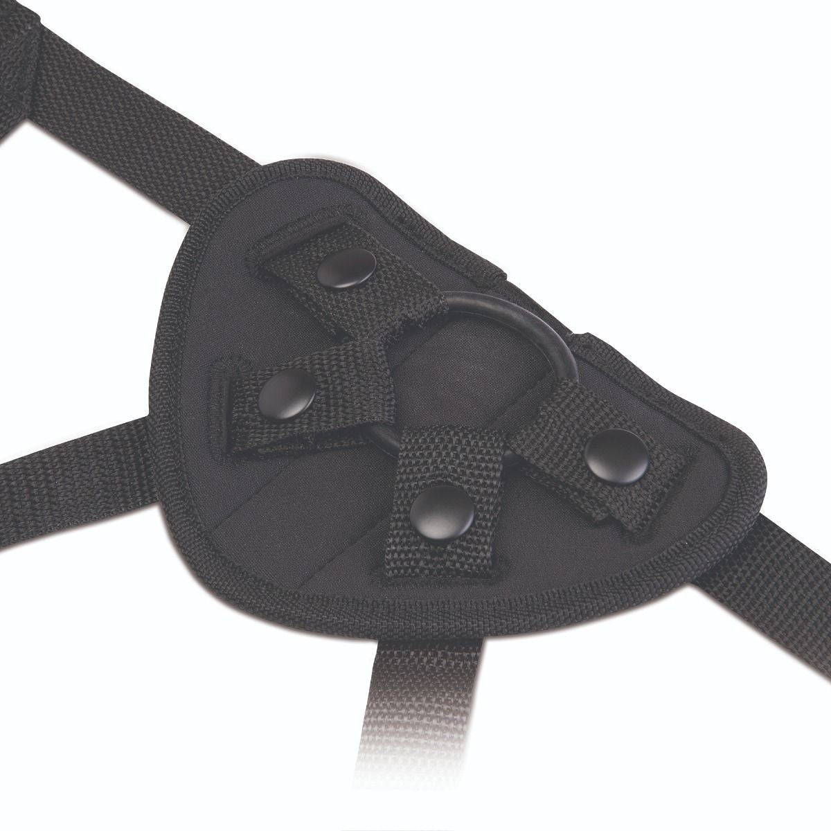 Black Nylon harness with multiple straps on a white background