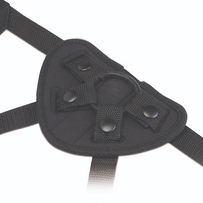 Black Nylon harness with multiple straps on a white background