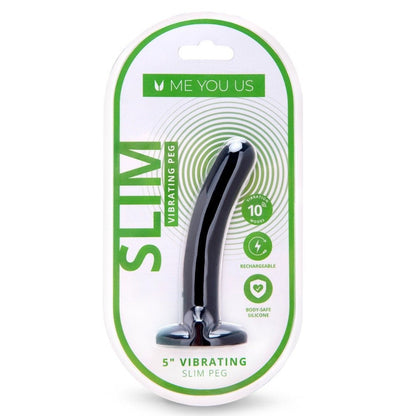 Slim vibrating peg packaging with green and white design on a white background