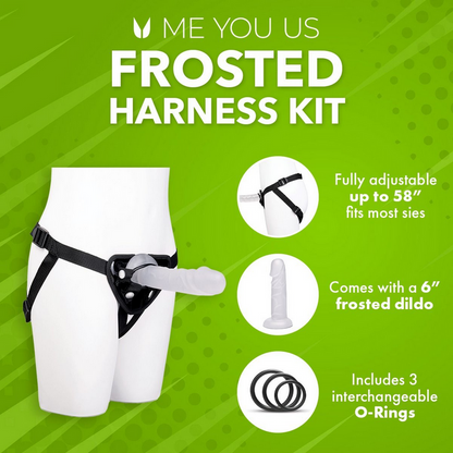 Frosted harness kit with mannequin display and product features on a green background