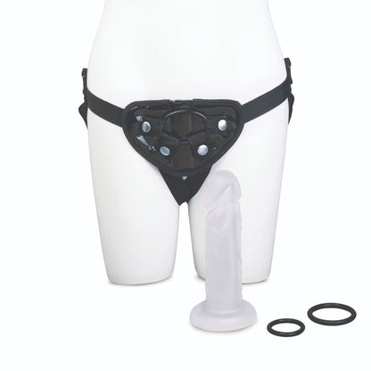 Black strap-on harness with attachments on a white mannequin and stand.