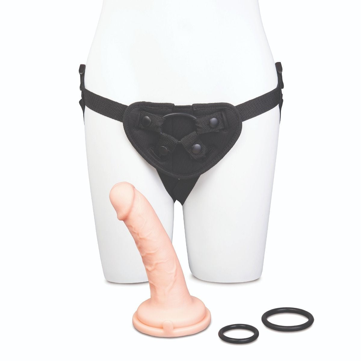 Black garter belt with a pink silicone penis and black rubber ring on a white background