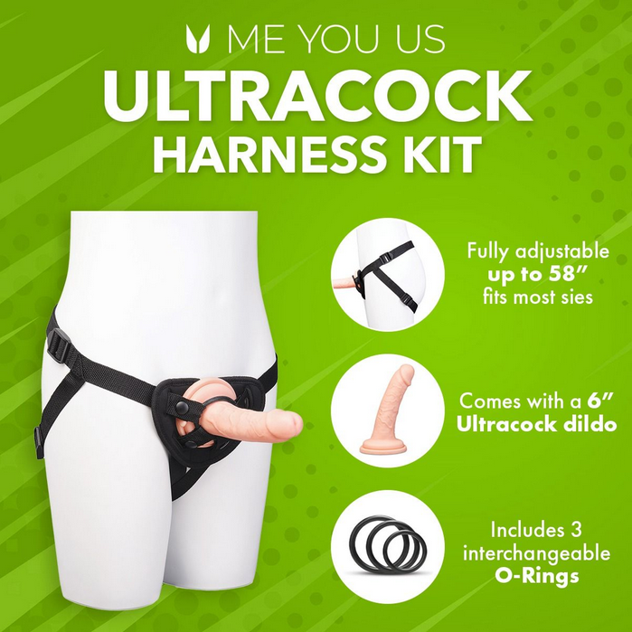 Ultracock harness kit with mannequin display and product features on a green background