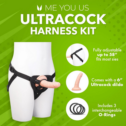 Ultracock harness kit with mannequin display and product features on a green background