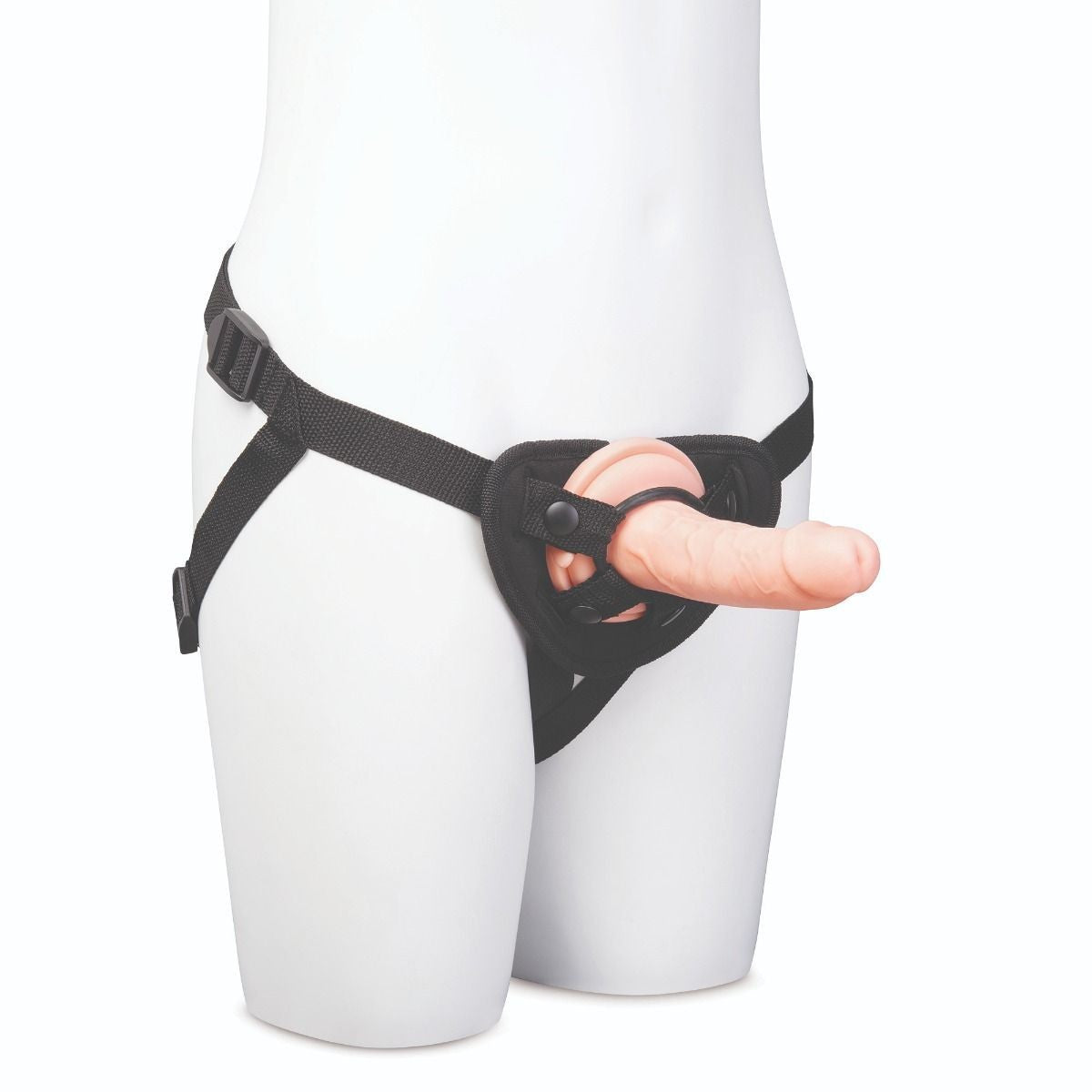 Black garter belt strap-on dildo on a white background