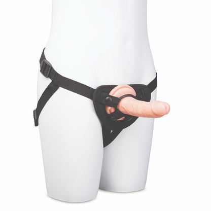 Black garter belt strap-on dildo on a white background