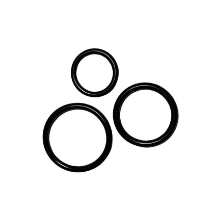 Three black o-rings on a white background