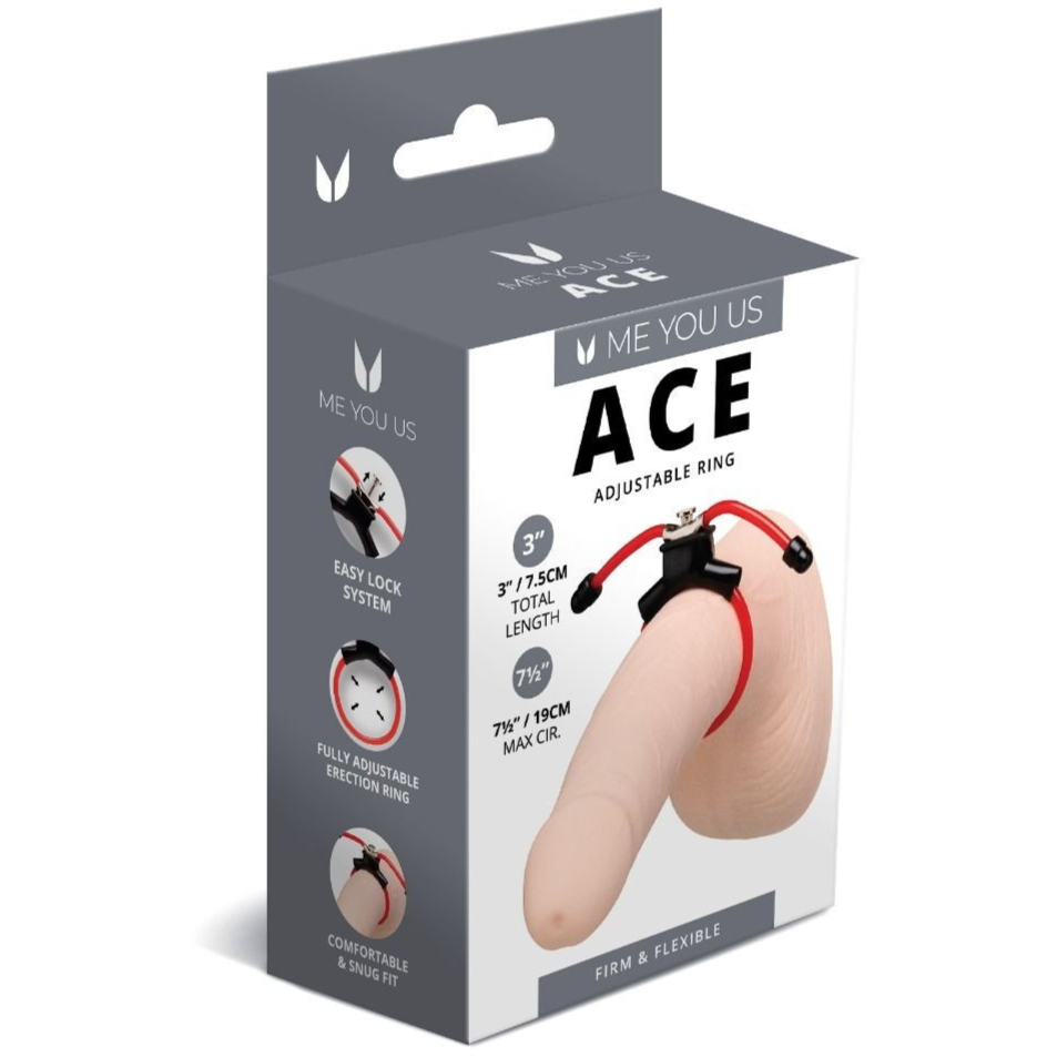 Package of 'ME YOU US ACE Adjustable Cock Ring' on a white background