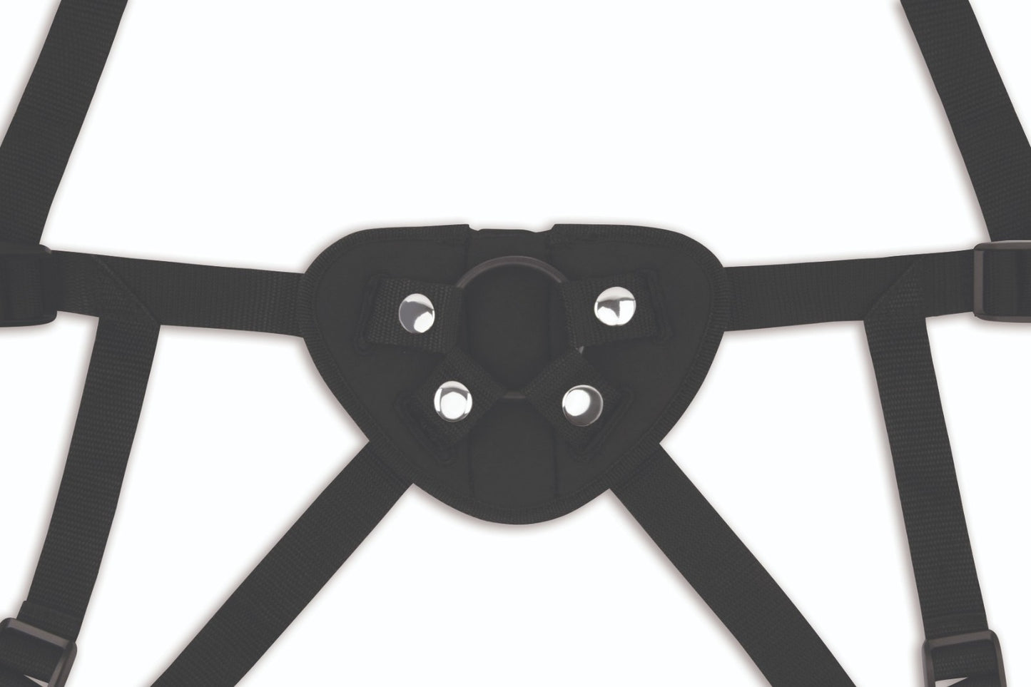 Black harness with multiple straps on a white background