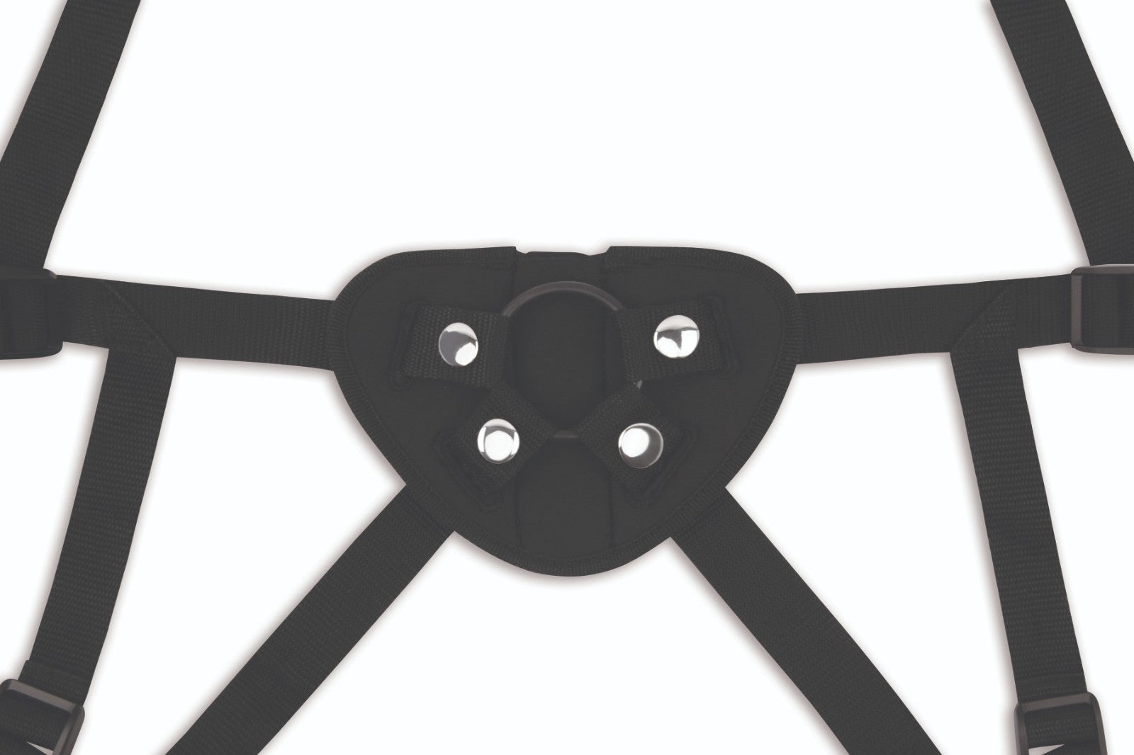 Black harness with multiple straps on a white background