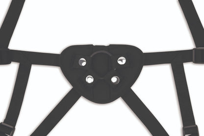 Black harness with multiple straps on a white background