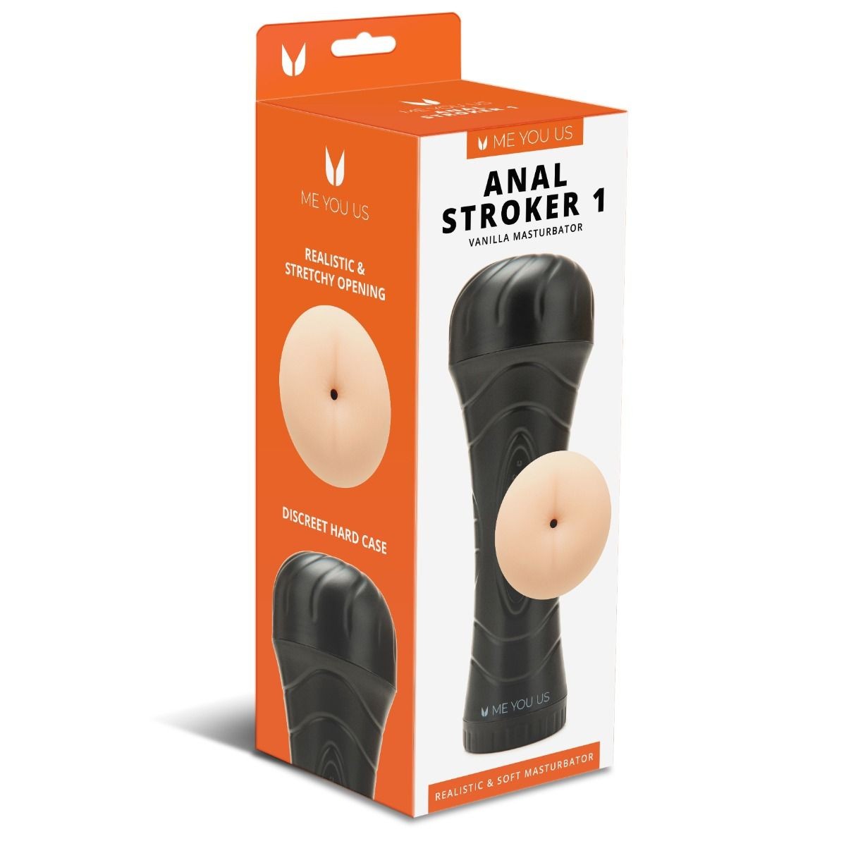 Product packaging of 'Anal Stroker 1' with orange and white design.