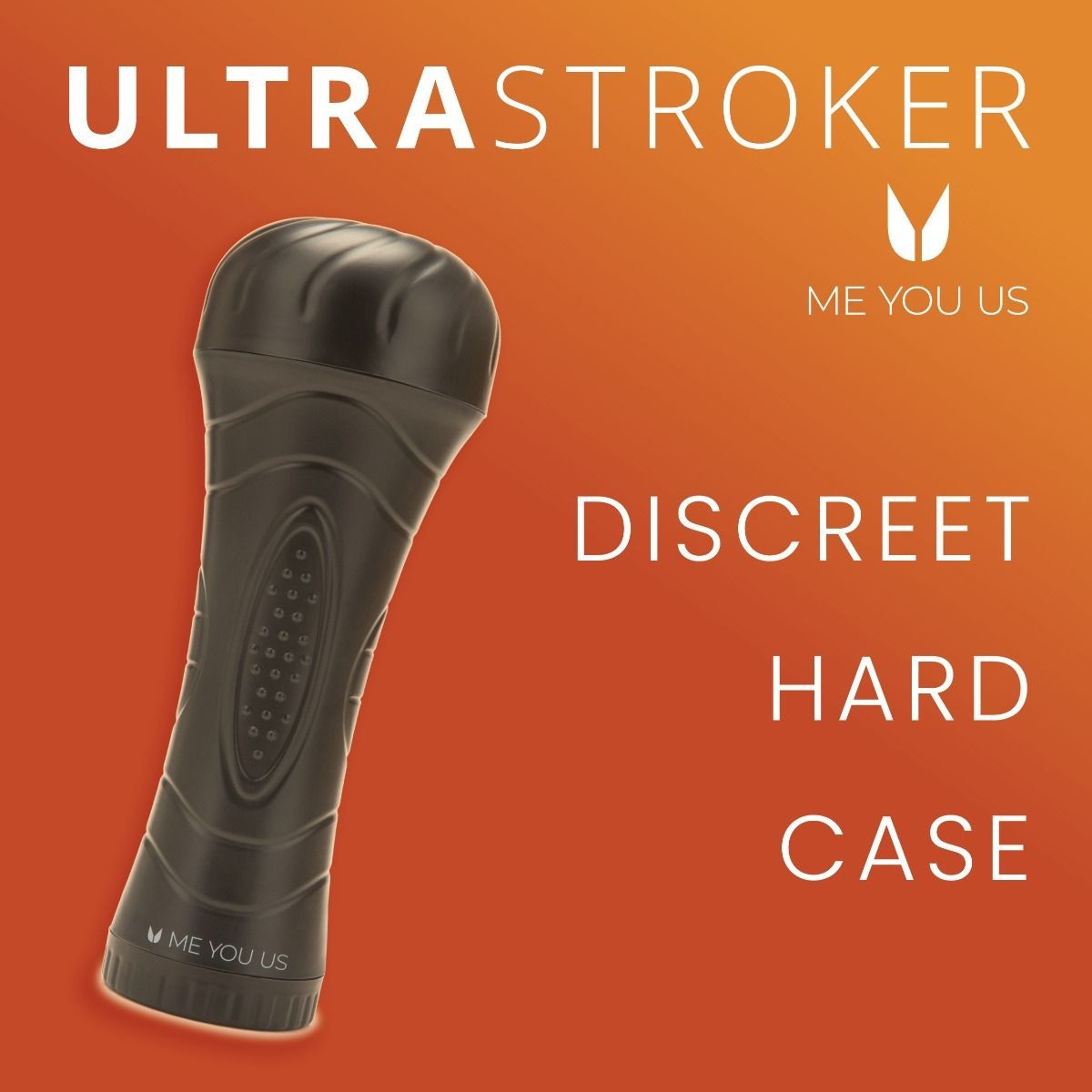 Black Ultra Stroker discreet hard case on an orange background with brand name 'ME YOU US'.
