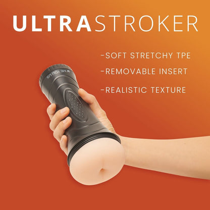 Hand holding a black Ultra Stroker product against an orange background with text highlighting features.