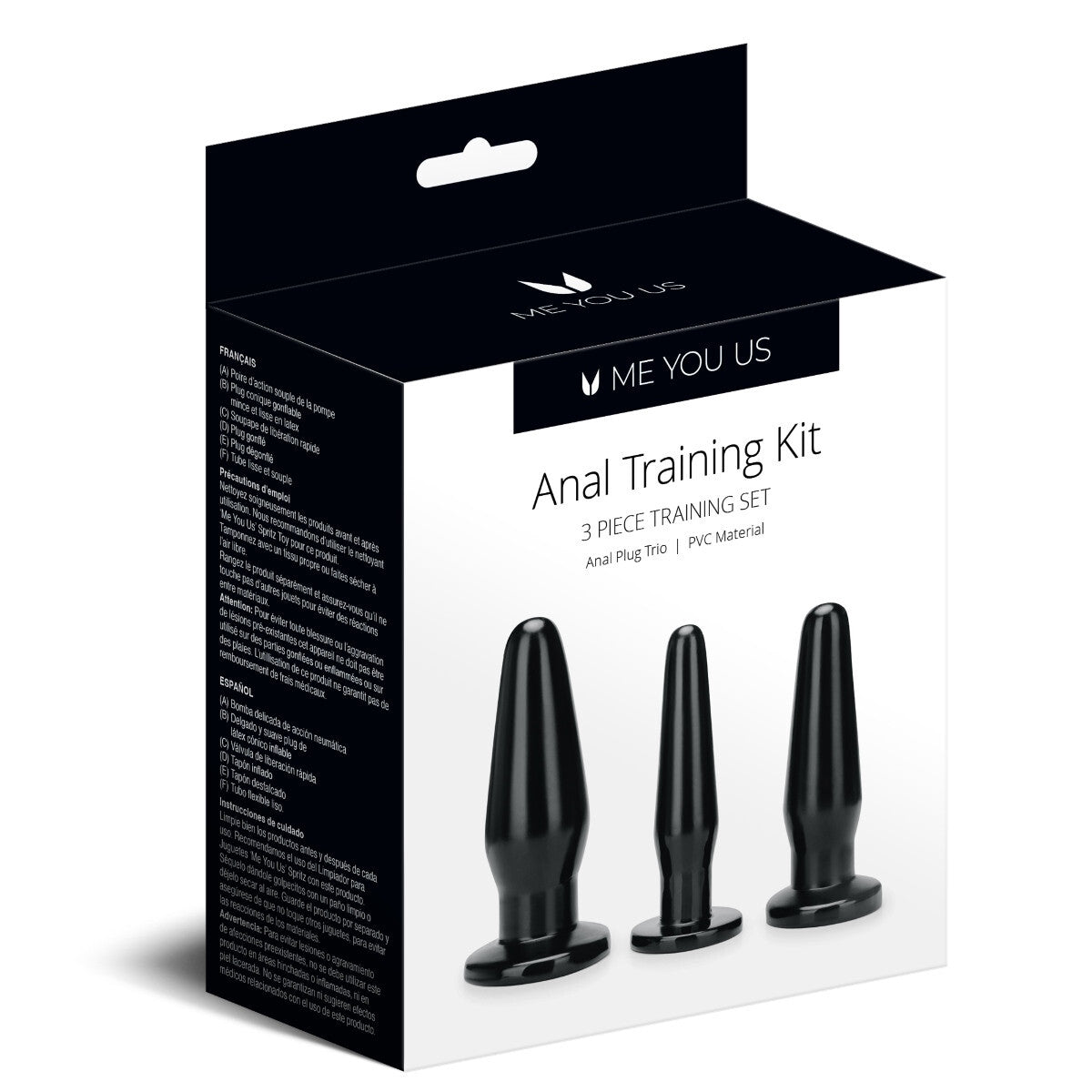 Packaging of an anal training kit with three black plastic products on a white background.